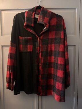 Lovely Melody Red and Gray Plaid Button-Up Shirt Jacket